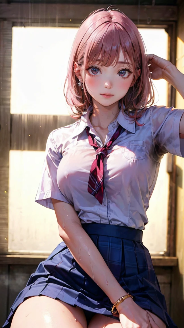 ((NSFW))、(masterpiece, Highest quality:1.3), (Super detailed:1.2), (hyperRealistic:1.3), (RAW Photos:1.2), High-definition RAW color photos, Professional photos, (PhotoRealistic:1.4), (Realistic:1.4), (Pink Hair:1.5), Professional Lighting, Perfect Anatomy, (Big Breasts:1.2), (blush, Detailed face), (Bright smile:1.5), Earrings, necklace, Gold bracelet, Sexy, erotic Sexy, (Slim body、Are thin、Model body type、Beautiful long legs)、Random sexy gravure poses, (White short sleeve shirt、Open chest、Navy blue checked skirt、school uniform、金のEarrings、:1.3)、To the tips of the feet、((Sweat))、((Sweatで濡れた肌、My hair is wet))、Double teeth、School classroom