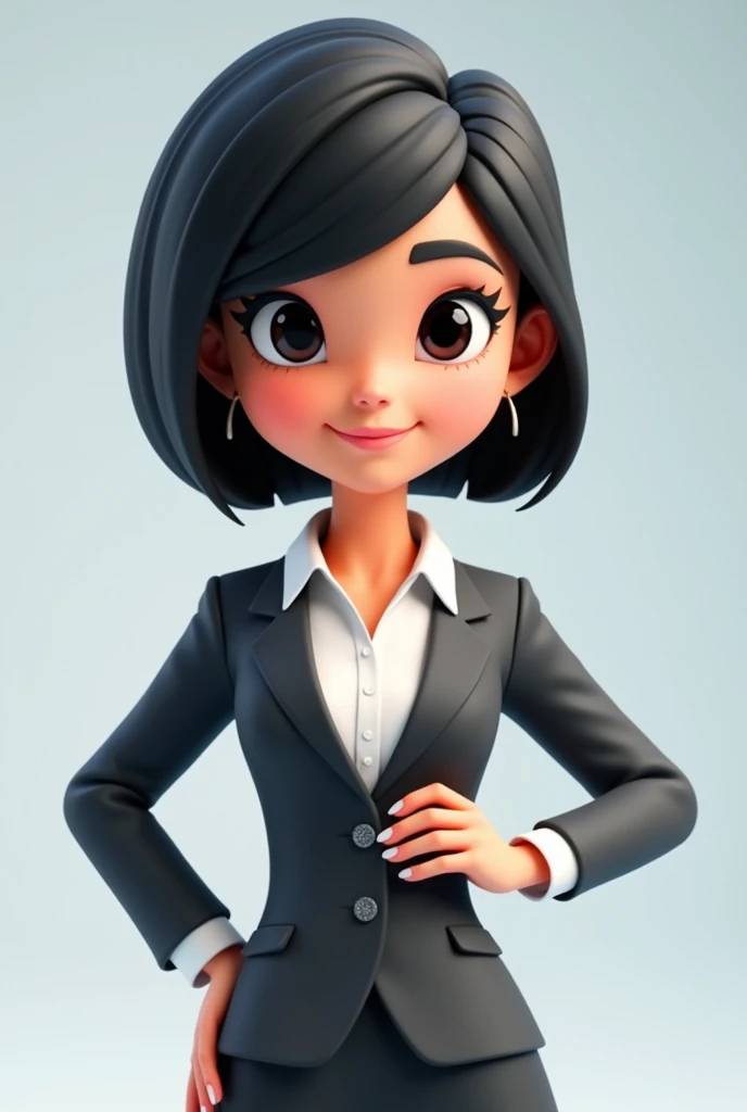 3d cartoon of a woman, short, straight and black hair, black eyes, looking forward wearing formal clothes