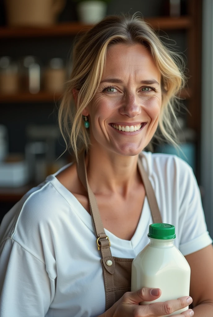 40 year old lady with a milk container, Owner of a milk business, realistic photo 