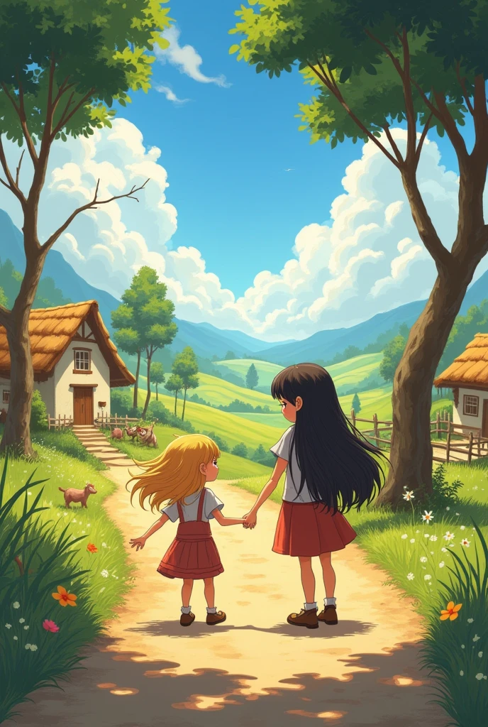 A 2 year old girl with long hair and her older sister with long hair holding hands playing on the village road