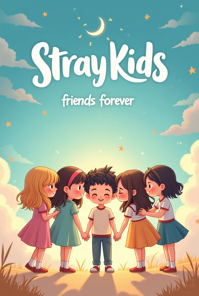 Stray Kids logo written below friends forever with god boy and five girls