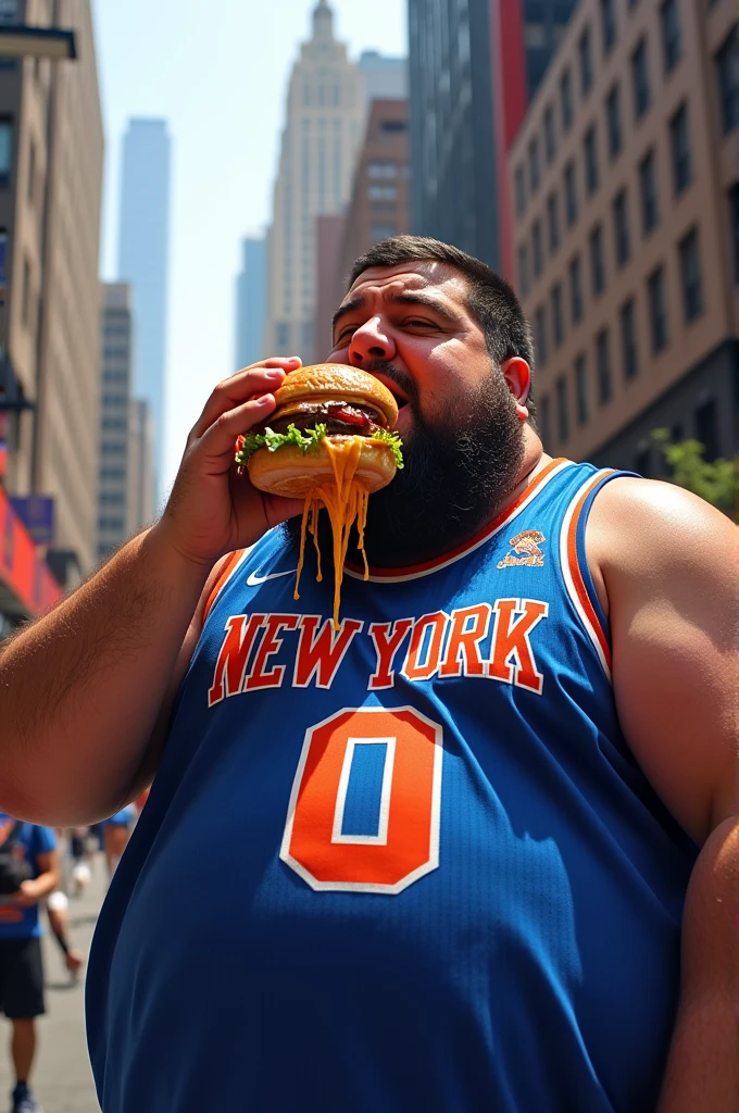 Fat Knicks fan outside of madison square garden eating a big burger wearing a knicks jersey with number 0 on it and NotSnakequ0n written on it