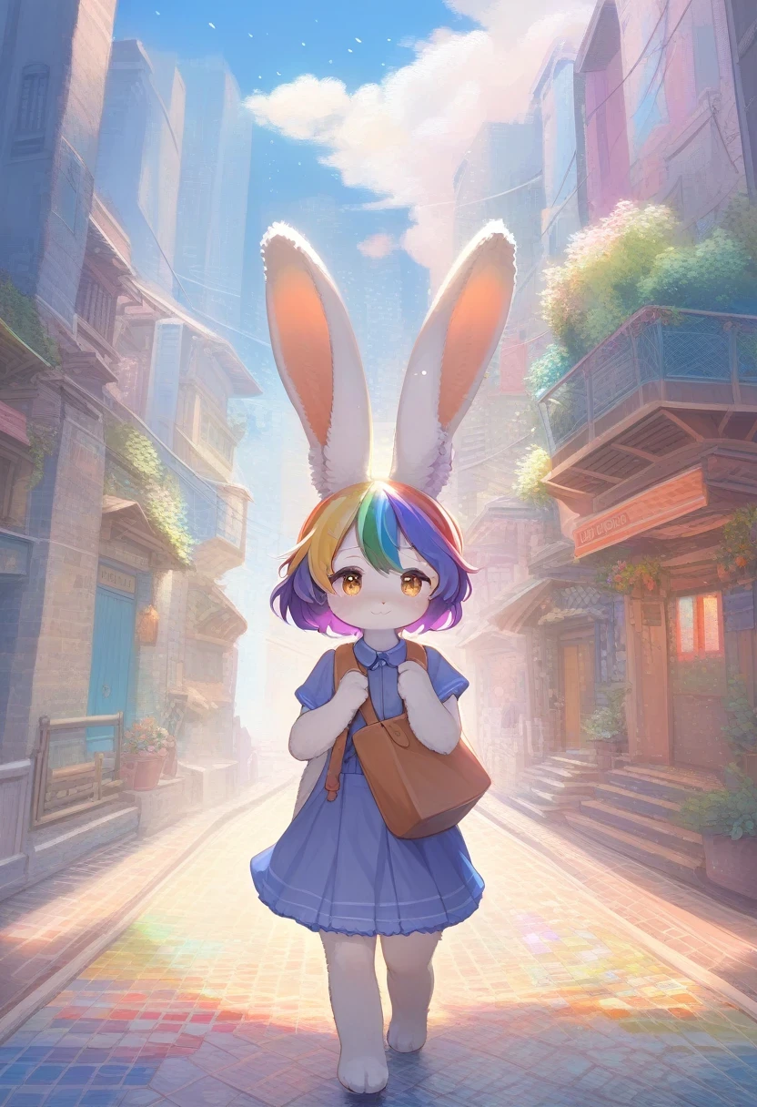 ((Masterpiece)), ((Best Quality)), (Very Detailed), ((Very Detailed)), 4K, (8K), very aesthetic, absurdres highres, 1 girl, (anthropomorphic Rabbit, furry, kemono:1.5), With a colorful cityscape in the background, a woman with a rainbow-colored hairstyle is happily walking around wearing colorful clothes with quirky patterns. A bright light shines on her, creating contrasting shadows. The background has a touch of an Impressionist painting, and the woman's clothing uses pointillism.