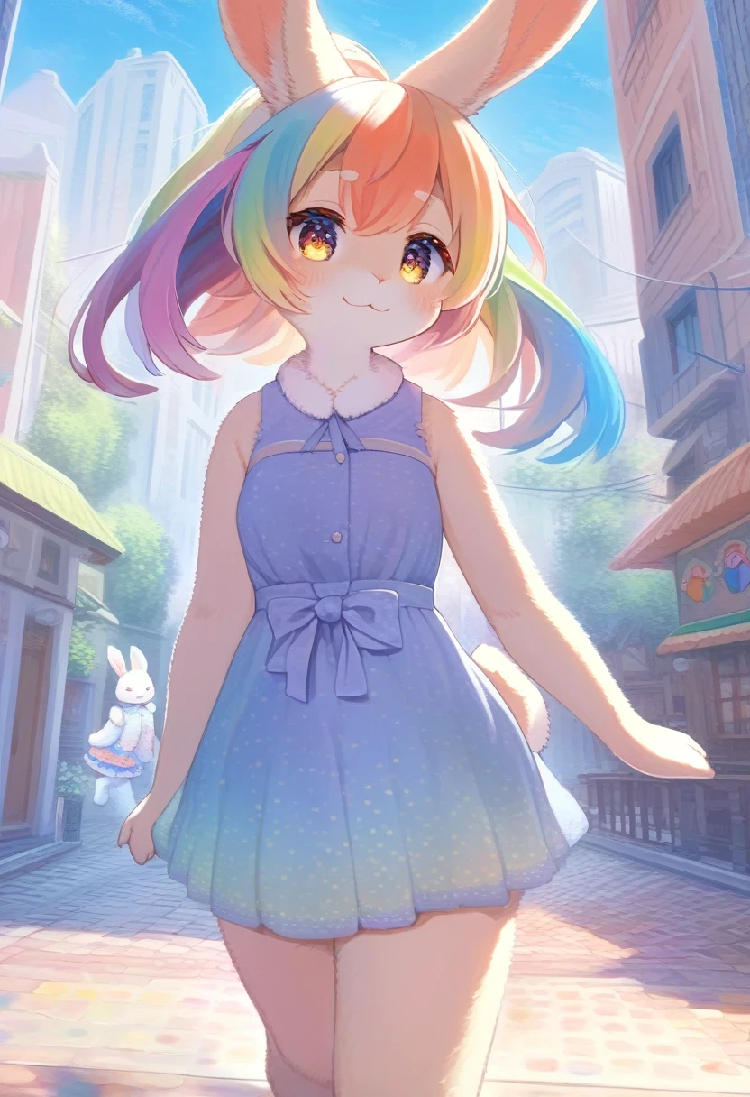 ((Masterpiece)), ((Best Quality)), (Very Detailed), ((Very Detailed)), 4K, (8K), very aesthetic, absurdres highres, 1 girl, (anthropomorphic Rabbit, furry, kemono:1.5), With a colorful cityscape in the background, a woman with a rainbow-colored hairstyle is happily walking around wearing colorful clothes with quirky patterns. A bright light shines on her, creating contrasting shadows. The background has a touch of an Impressionist painting, and the woman's clothing uses pointillism.