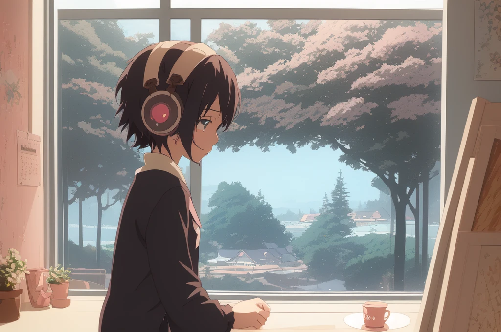 (((1 girl))), anime styling, (dream artgerm), (softfocus), Cozy bedroom atmosphere, girl with headphones, [(Lofi Beats:1.3)|ambient music], (Anime Art), [(Cherry blossoms|shelf:0.5)], [Reflective surface:0.8], [(pastel colours:1.2)|soft shades], [(attention to the details:1.1)], [illustration:0.7], [(studio ghibli style:1.4)], (anime character design), [window light], [(subtle shadows:0.9)], [(subdued atmosphere:1.2)|calm environment], [(trends on Pixiv:1.2)], [(Anime Community Approved:1.1)], [(Anime Expo:1.3)], [ethereal glow], [(focus on the eyes:1.1)], [(character illustration:0.8)], [(soft art style)], [(nostalgic feeling:1.2)], [(character sitting:0.7)], [(Artistic details:1.1)], [(melancholic mood:1.3)], [(attention to clothing details:1.2)], [(hair flow:1.1)], [(unique headphone design:1.2)], [(vivid background elements:1.1)], [(Anime genre:praise:1.4)], [(trends on deviantart:1.1)], [(inspirado em Makoto Shinkai:1.2)], [(Cyberpunk Infusion:0.9)], [(rainy day weather:1.2)], [(subtle bokeh:1.1)], [(anime girl pose:0.9)], [(artistic expression:1.2)], [(harmony in the palette of colors:1.1)], [(melancholic mood:1.2)], [(detailed room decoration:1.1)], [(trends on ArtStation:1.1)], [(illustration challenge entry:1.3)] ,dark