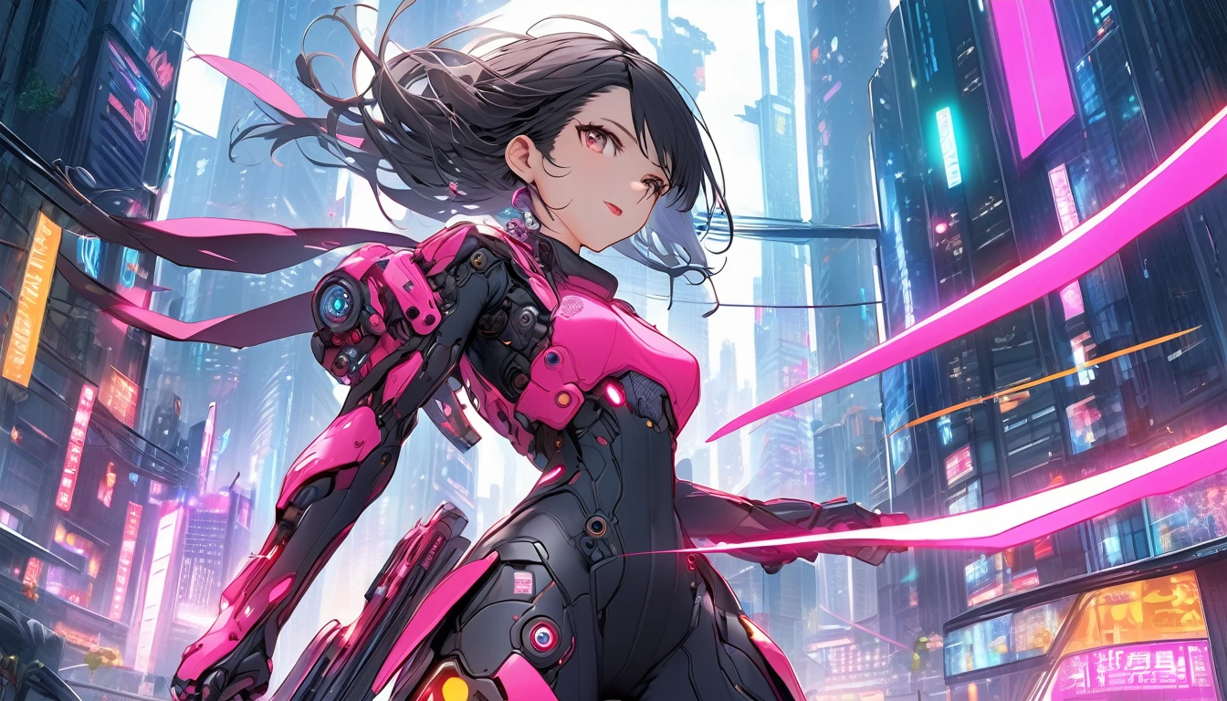 **189. One person。Cyberpunk battle arena。City of the Future。Cowboy shot or close-up。  
masterpiece, best quality, ultra detailed (Detailed fingers), (Emotional), (Breathtakingly beautiful),  
(main part: 1.2 Whole body。), (Anime Style), (Very detailed), (Cool and mechanical),  
(超High resolution, High resolution), (8k), (High resolution: 1.2), (Complex and beautiful: 1.2)**
- background: A cyberpunk city of the future with skyscrapers、Neon lights at night。
- Battle Arena: Using highly advanced technology、Girl in a mecha suit。
-pose: While spinning in the air、The moment the glowing energy sword was swung down。
-expression: Cool and confident look、Determined to take on the battle of the future city。
- Effects: The energy of the sword spreads to the surrounding area.、Vivid neon effects。
-color: A futuristic and cool contrast between neon pink and blue。
