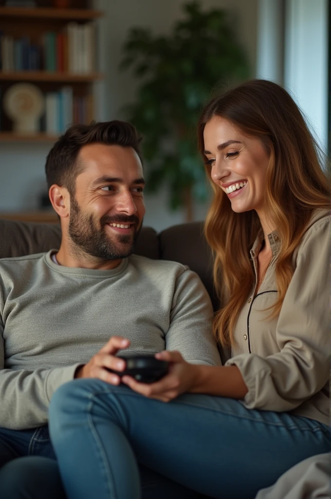 Un homme assis sur le canapé avec un air satisfait, mais la femme à côté de lui, tenant la télécommande, a un sourire malicieux et sûr d'elle.