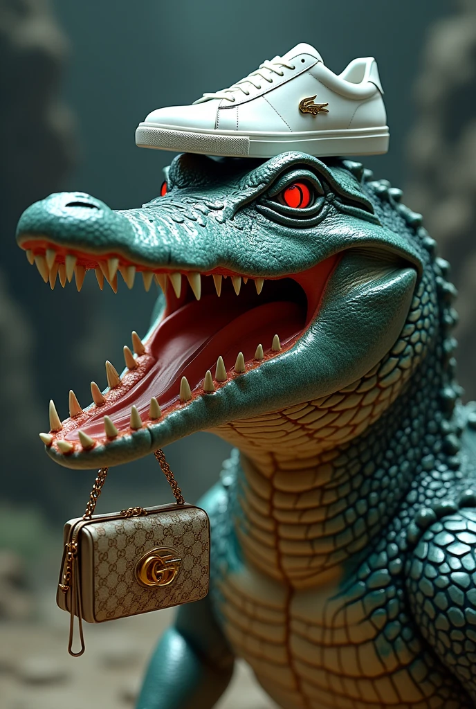 A mutant crocodile with Lacoste shoes and a Gucci bag