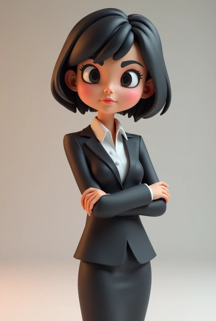 3d cartoon of a woman, short, straight and black hair, black eyes, looking forward wearing formal clothes with arms crossed