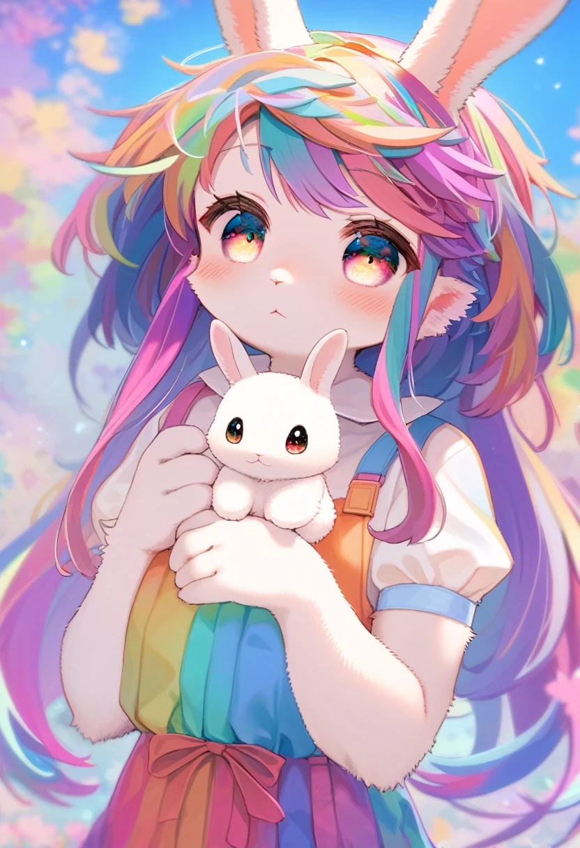 ((Masterpiece)), ((Best Quality)), (Very Detailed), ((Very Detailed)), 4K, (8K), very aesthetic, absurdres highres, 1 girl, (anthropomorphic Rabbit, furry, kemono:1.5), (colorful themes), colorful hairstyles, colorful quirky clothes), (colorful background art pieces),