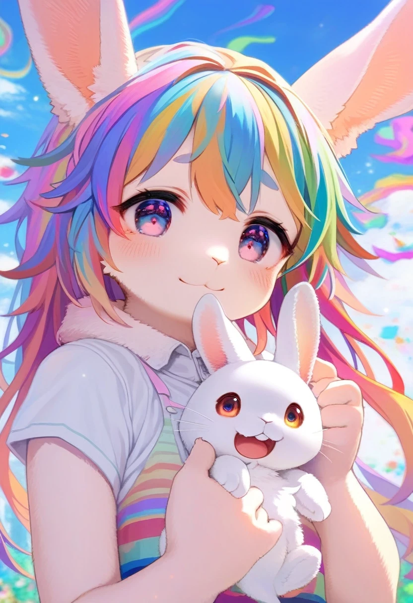 ((Masterpiece)), ((Best Quality)), (Very Detailed), ((Very Detailed)), 4K, (8K), very aesthetic, absurdres highres, 1 girl, (anthropomorphic Rabbit, furry, kemono:1.5), (colorful themes), colorful hairstyles, colorful quirky clothes), (colorful background art pieces),