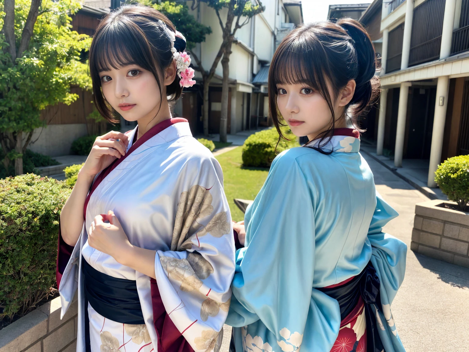masterpiece, best quality, illustration, Super detailed, fine details, High resolution, 8K,wall paper, perfect dynamic composition,(Details High quality, realistic depiction of eyes:1.3), (2 girls), (idol, kimono:1.3), short bob hair, medium breasts, black hair color, Big Natural Color Lip, bold sexy pose, crying a little、Harajuku style、30 year old girl、cute type、ta、beautiful legs, hotel room, hposing Gravure Idol