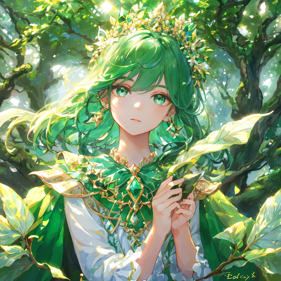 1 girl masterpiece, highest quality, shape, emerald eyes and hair, emerald earrings, emerald necklace, large tree, tree fairy, cute, (dynamic lighting:1.2), cinematic lighting, delicate features, fine eyes, sharp pupils, realistic student, written boundary depth, Bokeh, sharp focus, (very detailed, bloom, shine:1.4), lots of little gems