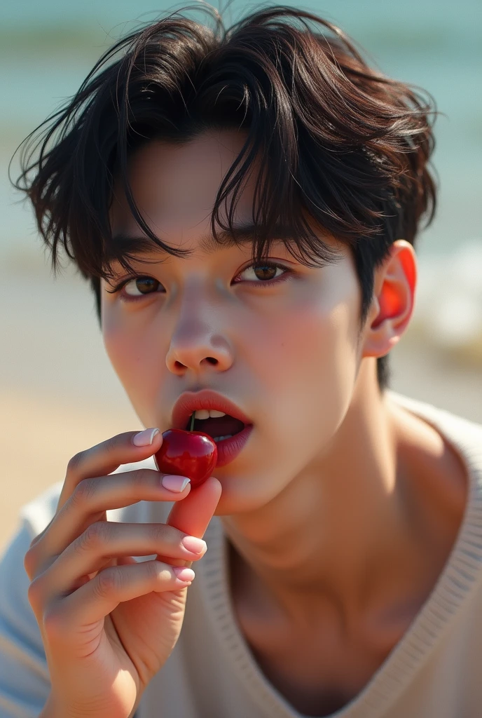 Hi, can you help me make Jeon Jungkook from bTS eating cherries please?