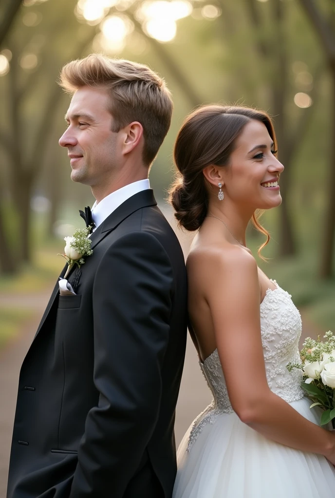 couple back to back, blonde boy, brunette girl, just Married