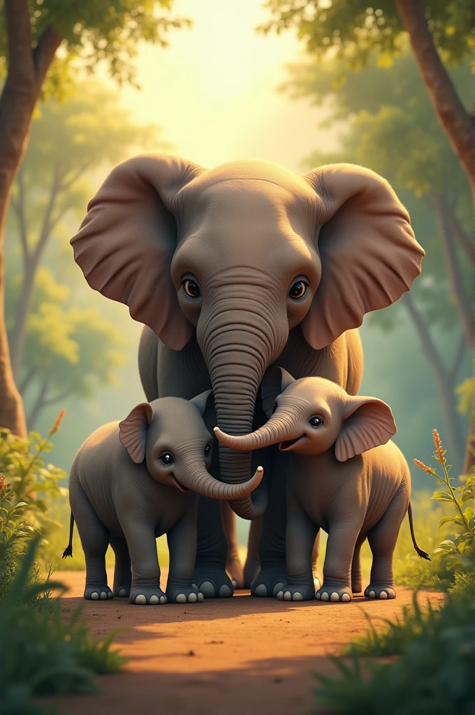 Mother elephant with her three babies