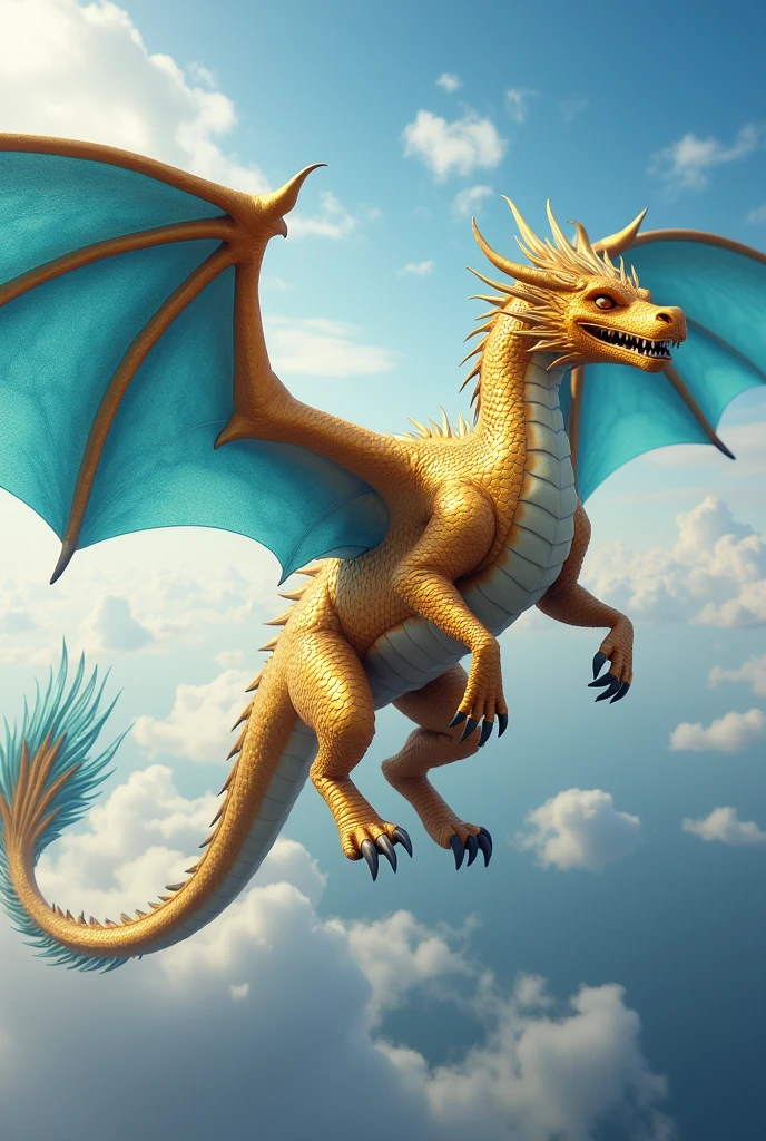 Golden Dragon, with blue wings, with sky blue tail