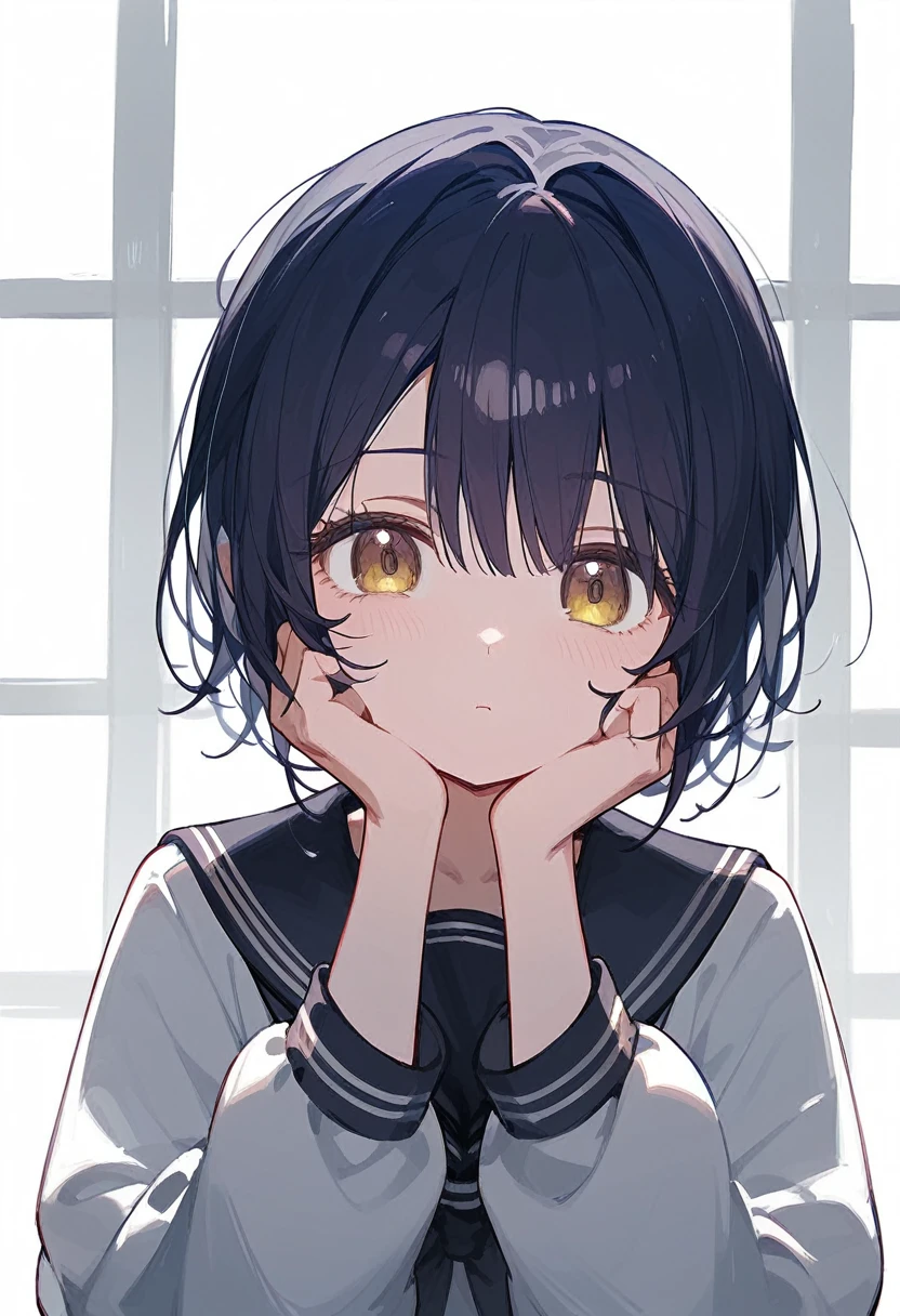 One girl、cute、Shinonome Ena、Hands on cheeks、Black oversized sailor suit、Expressionless、Looking out the window at night、White background