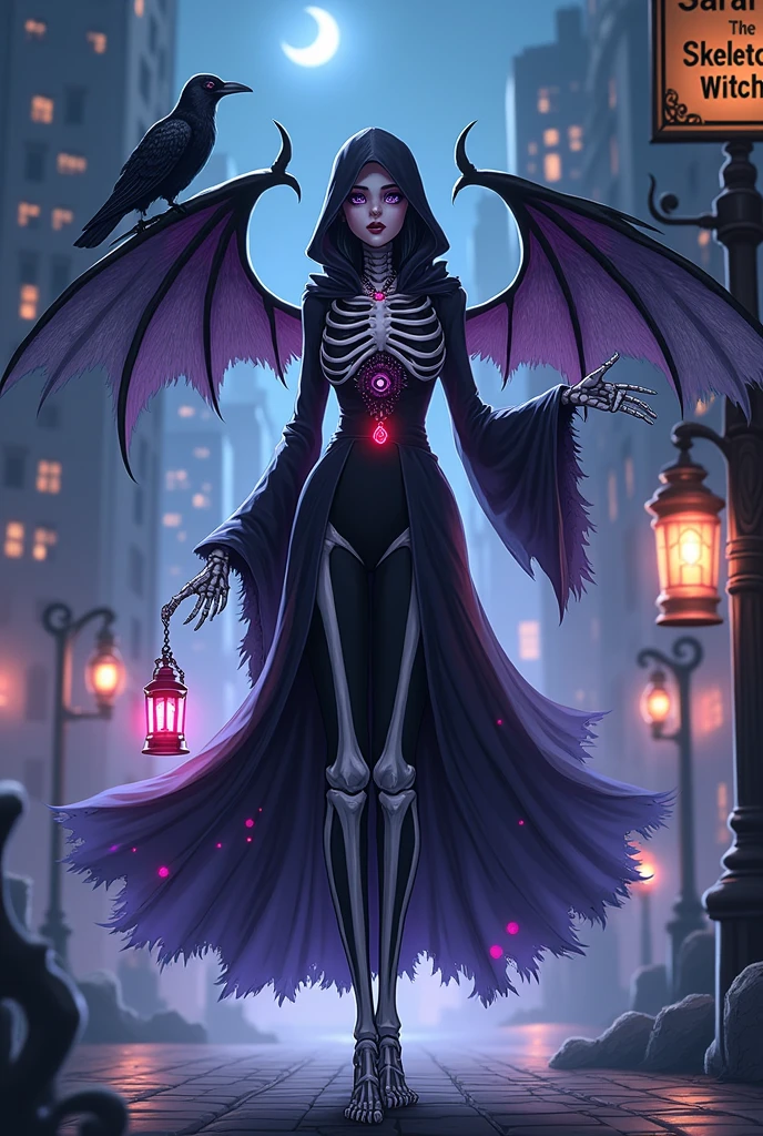 Make this image into anime a skeleton woman her skeleton is made of platinum she is wearing a black dress with white feather ornaments she has a red pendant on her neck her head is covered by a hood and her eyes are glowing in a shade of purple she has two dragon wings she has a red eyed raven on her shoulder in her left hand she is releasing a dark magic in her right hand she is holding a lantern full of souls she is in a city at night with several ghosts of monsters around her there is a city sign that is saying her name Sara, the skeleton witch