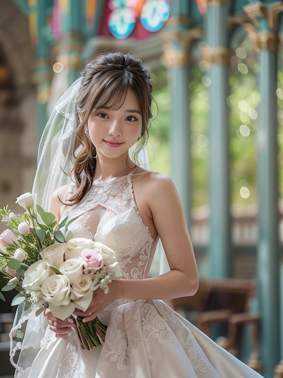 Photo-realistic quality、a woman in a Wedding dress holding a bouquet of flowers、Standing in front of the church、20 year old Japanese model、白のWedding dress,Hanae Mori style wedding dress、Japan idols at 20 years old、lace prom dresses、looking at the camera、Detailed and beautiful eyes、Cute smile、Relaxed and gentle expression、a close up of a woman in a Wedding dress holding a bouquet, Wedding dress, So magical and dreamy、Blur the background a lot、300ｍｍ F2.Shot with 8 lenses