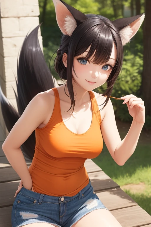 niji style, exceptional, [:watercolor \(artwork\),:0.25] [by fairwind::0.5], female, (anthro:1.2), fox, blue eyes, brown hair, (orange body:1.1), solo, tank top, shorts, outdoors, breasts, pose, snout, black nose, portrait, looking at v...