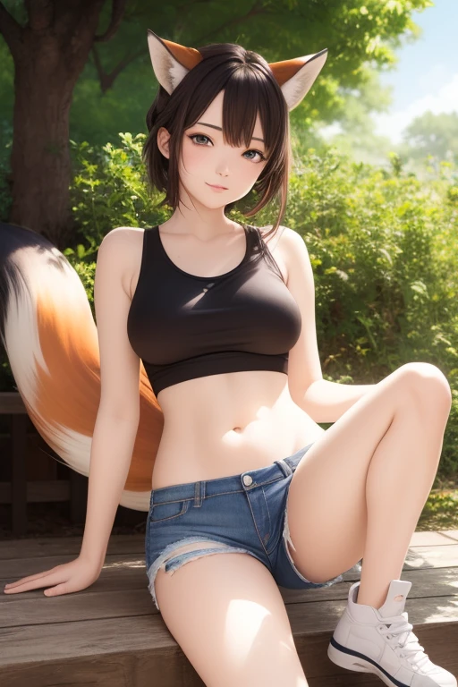 niji style, exceptional, [:watercolor \(artwork\),:0.25] [by fairwind::0.5], female, (anthro:1.2), fox, blue eyes, brown hair, (orange body:1.1), solo, tank top, shorts, outdoors, breasts, pose, snout, black nose, portrait, looking at v...