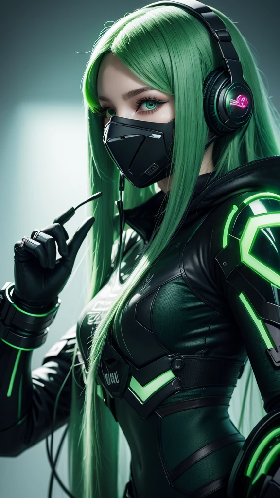 girl with long green hair, green eyes, futuristic vibes, mask on mouth, headphones, 8k, high quality, simple background, glowing eyes, nice pose