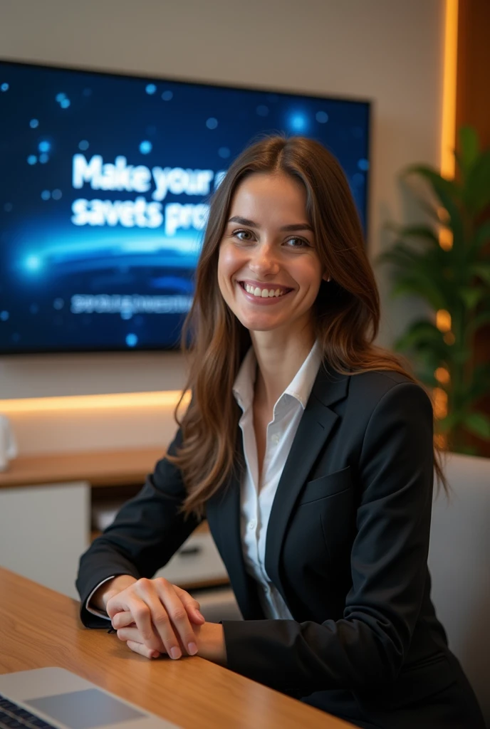 Young woman with brown hair and a confident expression, She is sitting at a vibrio desk, decorated with elegant furniture and modern technology. The investment executive is wearing a beautiful suit, short foul, well-fitting and complementing your outfit, while smiling. On the back there is a LED television with a screen inside that shows legible letters " Make your savings profitable"