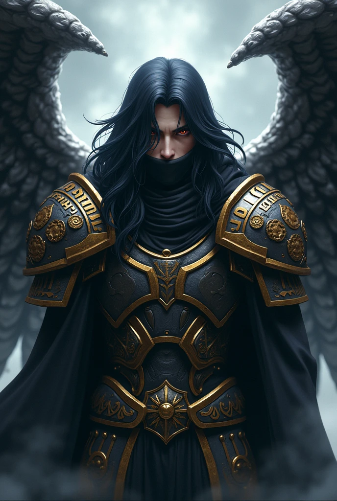 Madara Uchiha male man with celestial armor with long wavy black hair covering part of his warrior face with a black aura and wings covered in bronze and black metal with golden Hebrew letters inscribed on them with a menacing look and a hood covering his head and face and a mouth cover, emanates a totally incredible power 
