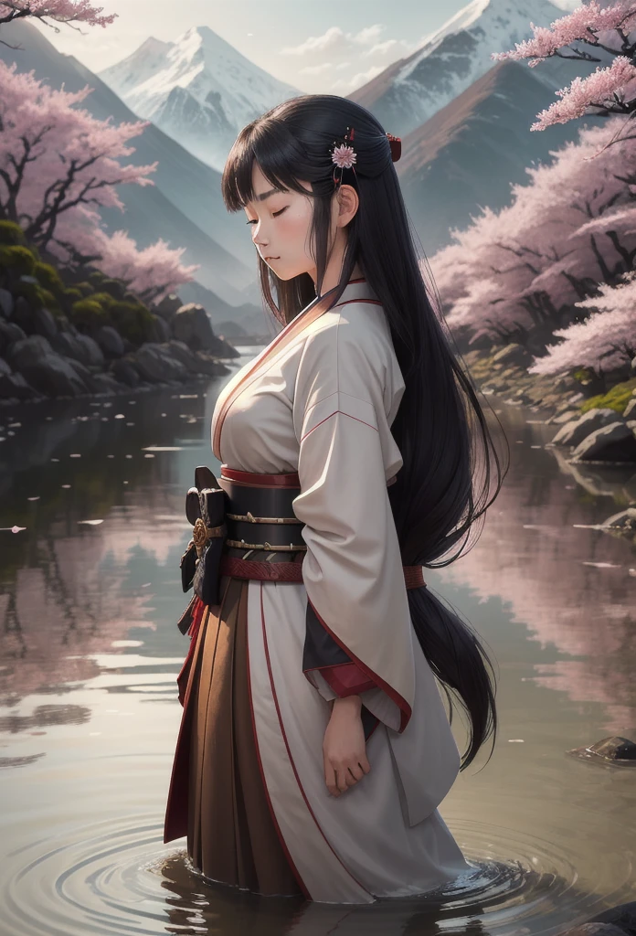 Create a serene scene featuring a -yeld fee samurai practicing while standing in a river, She has long, dark hair that flows gently down her back, Her face is youthful yet wise, showing a determined expression with closed eyes and a slight, serene smile. She wears traditional samurai robes in deep, earthy tones, with subtle yet intricate patterns that reflect her noble heritage. Her katana rests beside her, its blade sheathed, symbolizing her balance between strength and tranquility. The surrounding environment is quiet and natural, with a few scattered cherry blossoms and a distant view of mountains, creating a perfect setting for her meditation