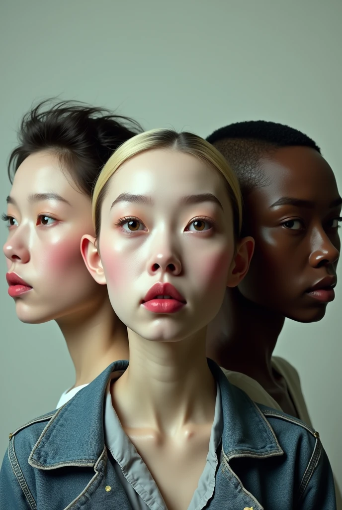 Three women, one white with black hair, another white with blonde hair and one black with very short hair, all of them have extremely exaggerated plastic surgery on their faces. 