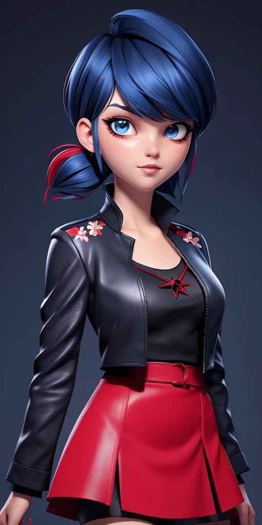 Dark blue, bob-cut hair with red-tipped ponytail, blue eyes, light makeup with winged eyeliner, neutral expression,red leather skirt with floral design, black leather blazer, chest-up view