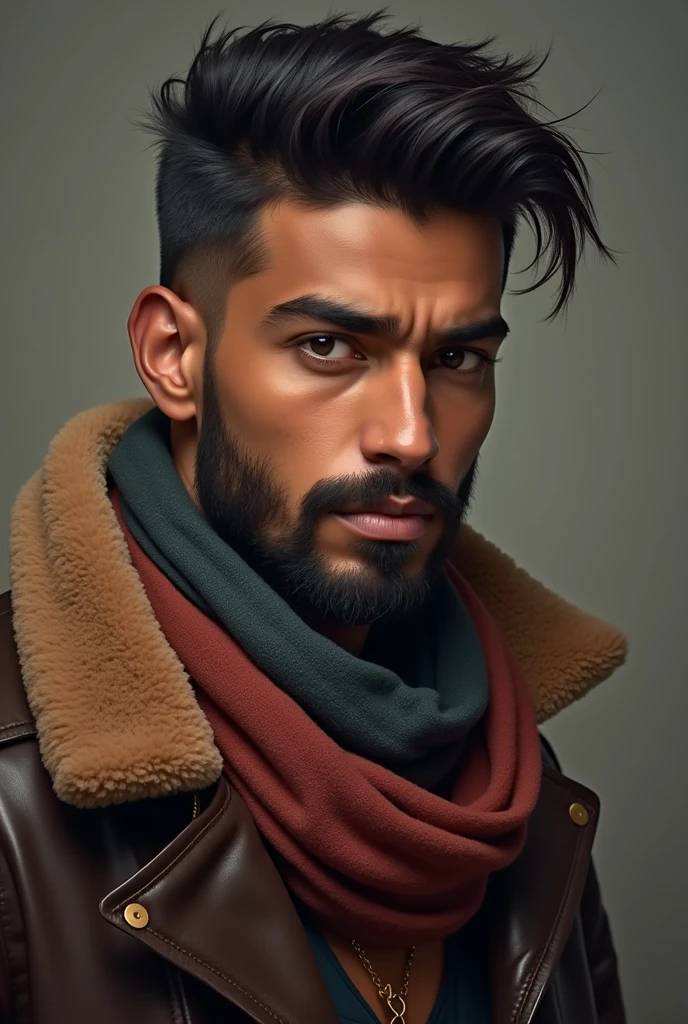 Arafed image of a man with a scarf and a jacket., indian brown looking portrait at age 20 with slight musedash with goote beard stal and wolfcut hair styles