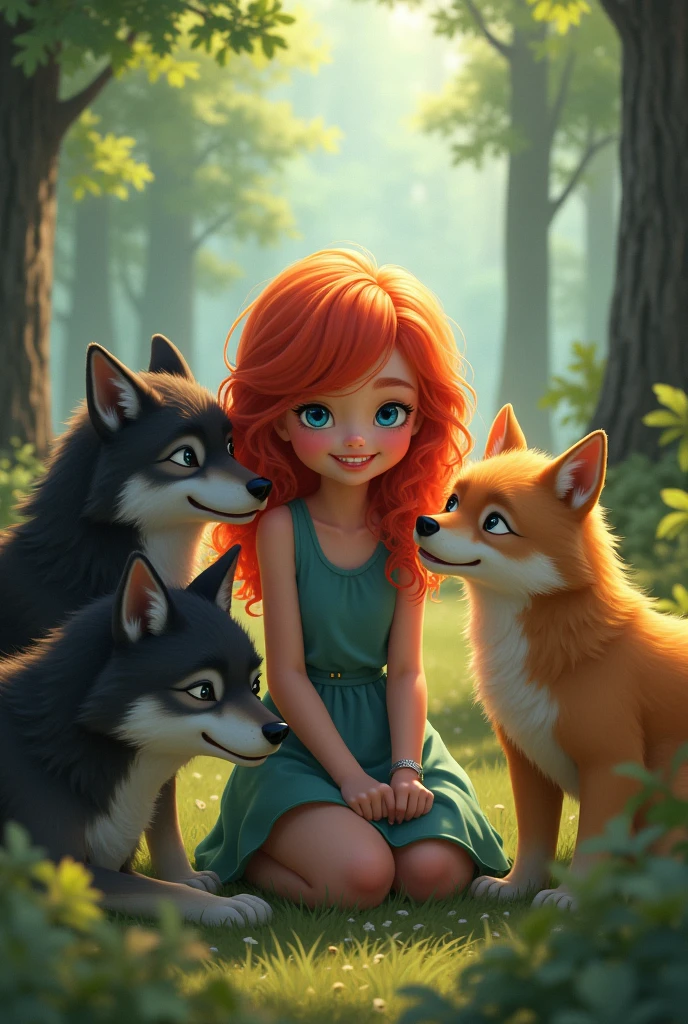 ,sweet, years, hair,red, eyes,blue, playing, surrounded by wolves 
