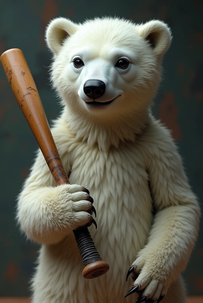 skinny polar bear, of wolf and chicken paw holding a baseball bat, ultra realisitic, 8k, uhd, best qualityer, detailded
