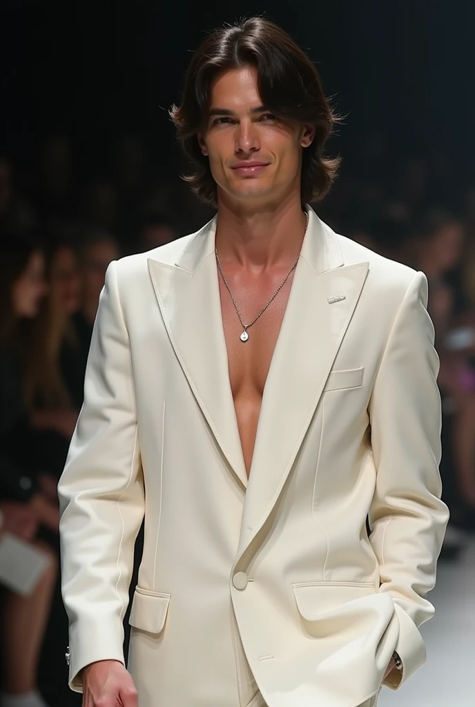 Super realistic photo of 19-year-old Tom Welling,muscular,slender,dark thick long locks of hair go down to his shoulders, bangs to his eyebrows. gorgeous handsome man,young Tom Welling walks down the runway,shooting from a low angle, in a light linen oversize suit,high cheekbones, wide beautiful face,beautiful eyes, big lips,smiling,looking from under his brows,Tom Welling as a model walks down the runway,tall,muscular,detailed detail,high resolution,best quality,8k