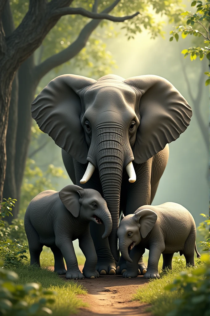 Realistic images of mother elephant with her three children