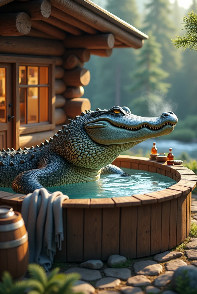 Alligator spending a day in a wooden chalet with a hot tub