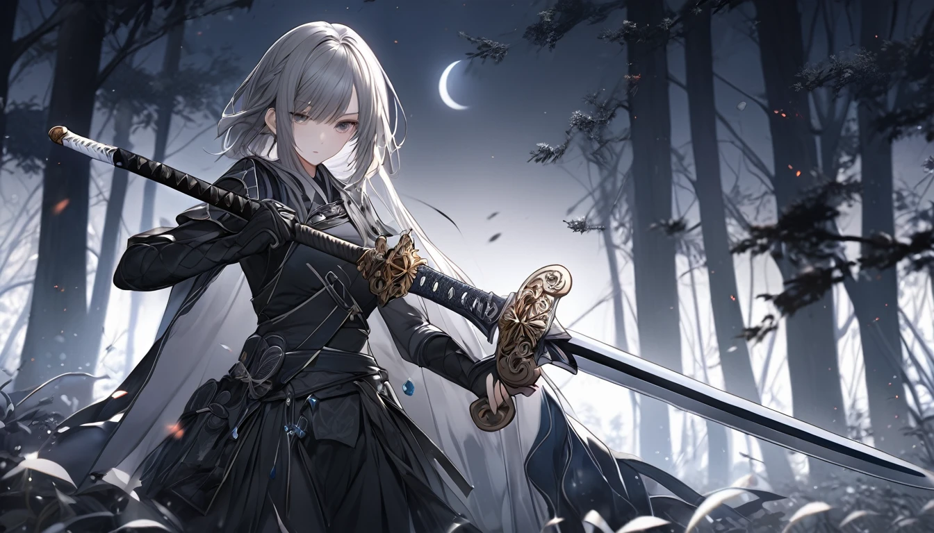 **184. One person。Combat in the Dark。girl。Fantasy World。Cowboy shot or close-up。  
masterpiece, best quality, ultra detailed (Detailed fingers), (Emotional), (Breathtakingly beautiful),  
(main part: 1.2 Whole body。), (Anime Style), (Very detailed), (Brutal),  
(超High resolution, High resolution), (8k), (High resolution: 1.2), (Complex and beautiful: 1.2)**
- background: Midnight Forest、Moonlight on the tree々Insert between。
- Warrior: Wearing black armor、Warrior in the Dark。
-pose: Sneaking up to avoid being noticed by the enemy、The moment he quietly brandished his sword。
-expression: Expressionless and calm、Reflecting the cold-heartedness in the darkness。
- Effects: The moonlight reflects off the sword、Quiet and tense battles。
-color: Black of Darkness and White of the Moon、The contrast between silence and tension。
