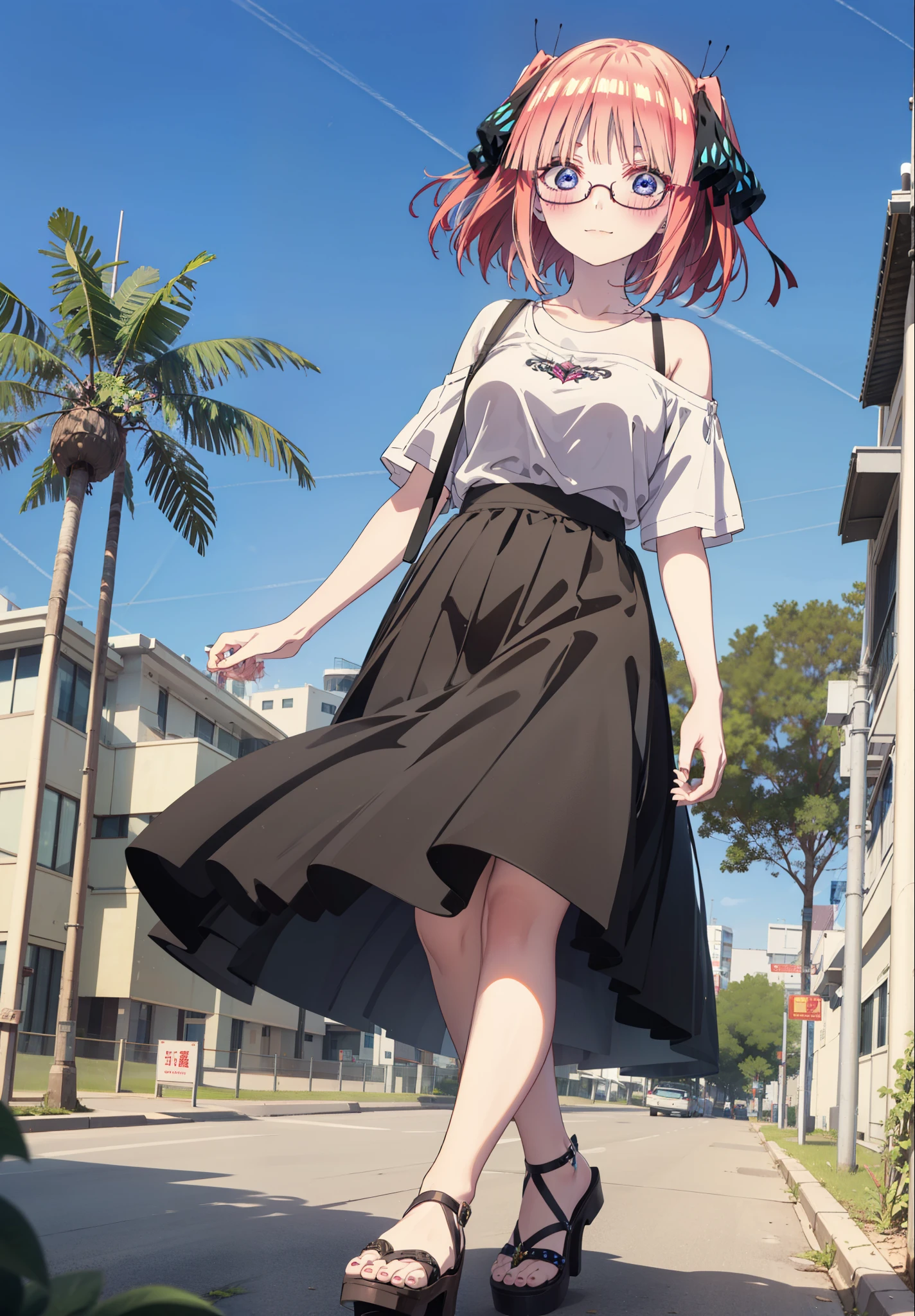 I was silent, Nakano Nino, Short Hair, bangs, blue eyes, hair ornaments, Hair Ribbon, Pink Hair, blunt bangs, Both sides up, butterfly hair ornaments,Black-rimmed glasses,blush,smile,One shoulder t-shirt,Short sleeve,Long skirt,Cute heeled sandals,Walking,morning陽,morning,The sun is rising,Palm tree,whole bodyがイラストに入るように,
break outdoors, tropical,海岸通り
break looking at viewer,whole body,
break (masterpiece:1.2), Highest quality, High resolution, unity 8k wallpaper, (figure:0.8), (Beautiful attention to detail:1.6), Highly detailed face, Perfect lighting, Highly detailed CG, (Perfect hands, Perfect Anatomy),