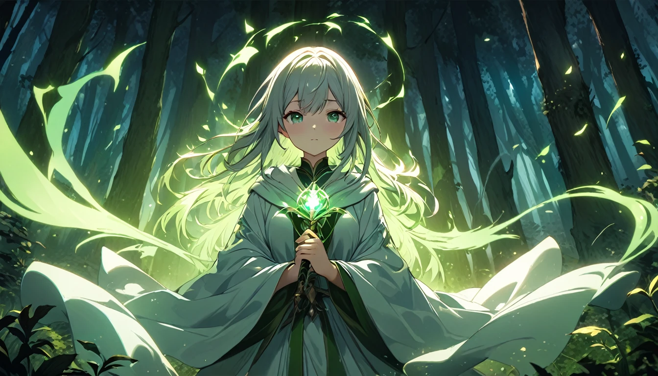 **190. One person。Wizard fight scene。In the Forest of Fantasy。Cowboy shot or close-up。
masterpiece, best quality, ultra detailed (Detailed fingers), (Emotional), (Breathtakingly beautiful),
(main part: 1.2 Whole body。), (Anime Style), (Very detailed), (Mysterious and natural),
(超High resolution, High resolution), (8k), (High resolution: 1.2), (Complex and beautiful: 1.2)**
- background: Deep in the forest、wood々A mysterious atmosphere with light filtering through the gaps and mist.。
- Wizard: Girl in a robe、A glowing magic wand in his hand。
-pose: The moment when a spell is cast on an enemy in the forest、Movement that is one with nature。
-expression: A calm, concentrated look、A mysterious atmosphere where you fight with the help of the power of nature。
- Effects: Magical light and forest spirits resonate together、Effects that overflow with the power of nature。
-color: Green and light white、A contrast between natural beauty and magical mystery。