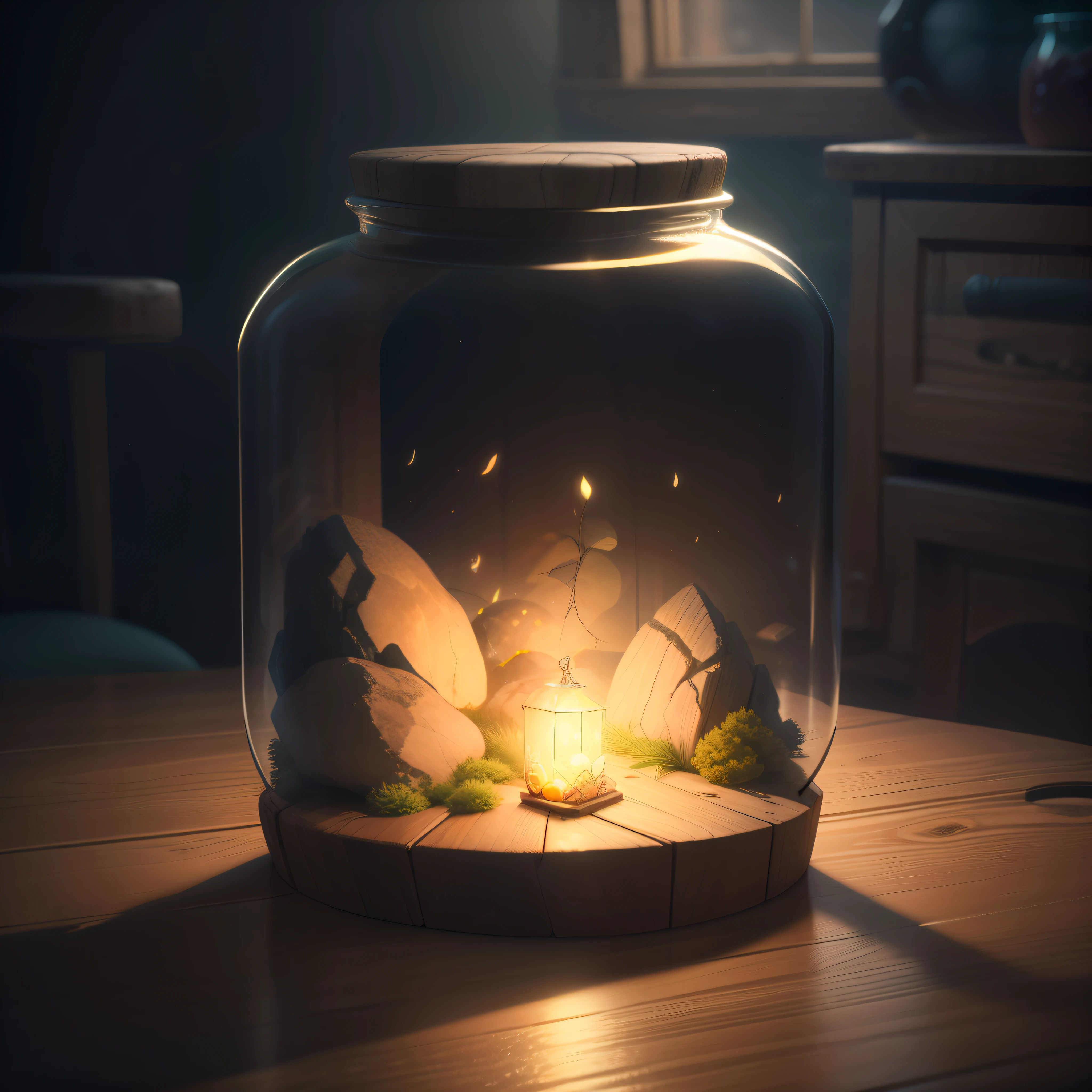 intricate glowing glass jar on wooden table, cozy little world, enchanted miniature world inside jar, beautiful, detailed glass textures, realistic lighting, high quality, cinematic, photorealistic, dramatic lighting, warm color tones, masterpiece