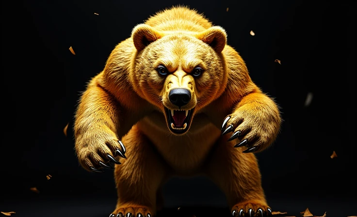an angry shiny chrome gold bear attacking from above with its gold claws black background