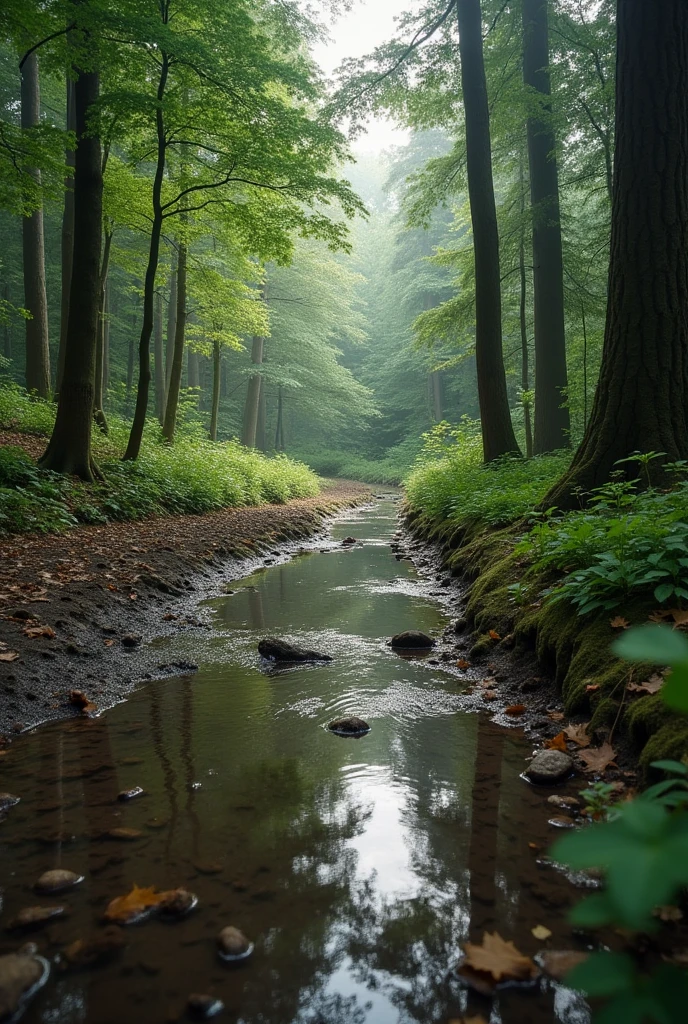 a puddle in the middle of a forest 

