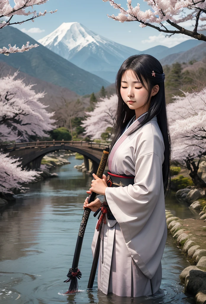 Create a serene scene featuring a 17-year-old female samurai practicing while standing in a river, She has long, dark hair that flows gently down her back, Her face is youthful yet wise, showing a determined expression with closed eyes and a slight, serene smile. She wears traditional samurai robes in deep, earthy tones, with subtle yet intricate patterns that reflect her noble heritage. Her katana rests beside her, its blade sheathed, symbolizing her balance between strength and tranquility. The surrounding environment is quiet and natural, with a few scattered cherry blossoms and a distant view of mountains, creating a perfect setting for her meditation