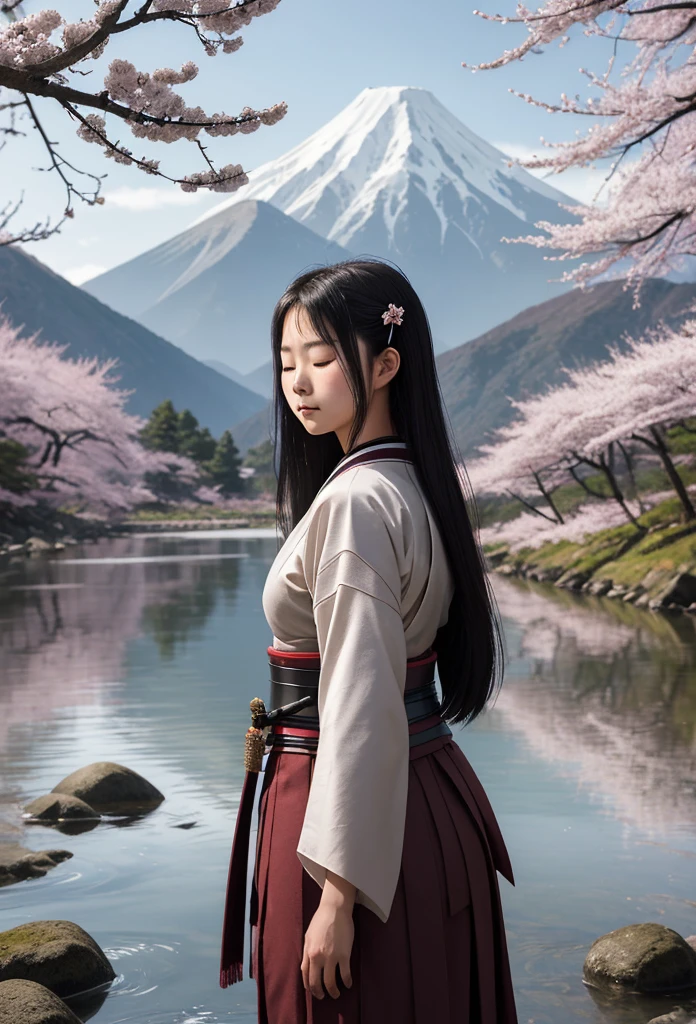 Create a serene scene featuring a female samurai practicing while standing in a river, She has long, dark hair that flows gently down her back, Her face is youthful yet wise, showing a determined expression with closed eyes and a slight, serene smile. She wears traditional samurai robes in dearthy tones, with subtle yet intricate patterns that reflect her noble heritage. Her katana rests beside her, its blade sheathed, symbolizing her balance between strength and tranquility. The surrounding environment is quiet and natural, with a few scattered cherryssoms and a distant view of mountains, creating a perfect setting for her meditation