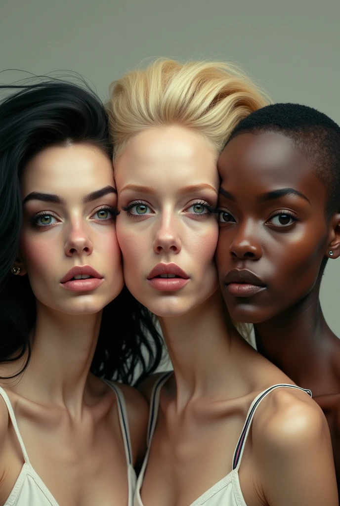 Three Brazilian women, one white with black hair, another white with blonde hair and one black with very short hair, all of them have extremely exaggerated and ugly plastic surgery on their faces.