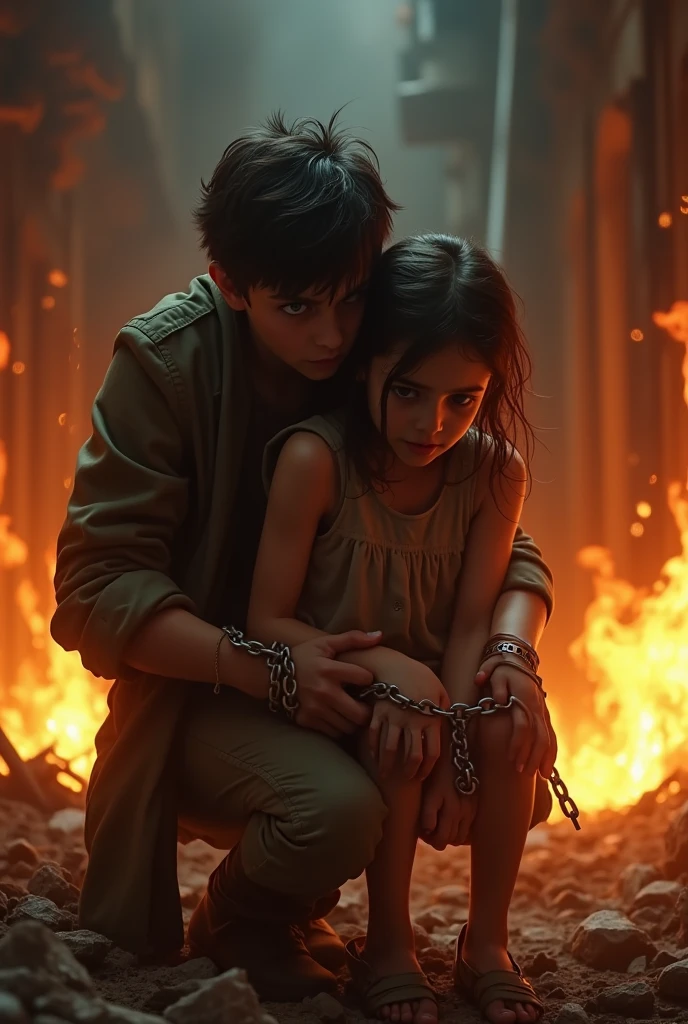 Girl chained by a boy in a fire