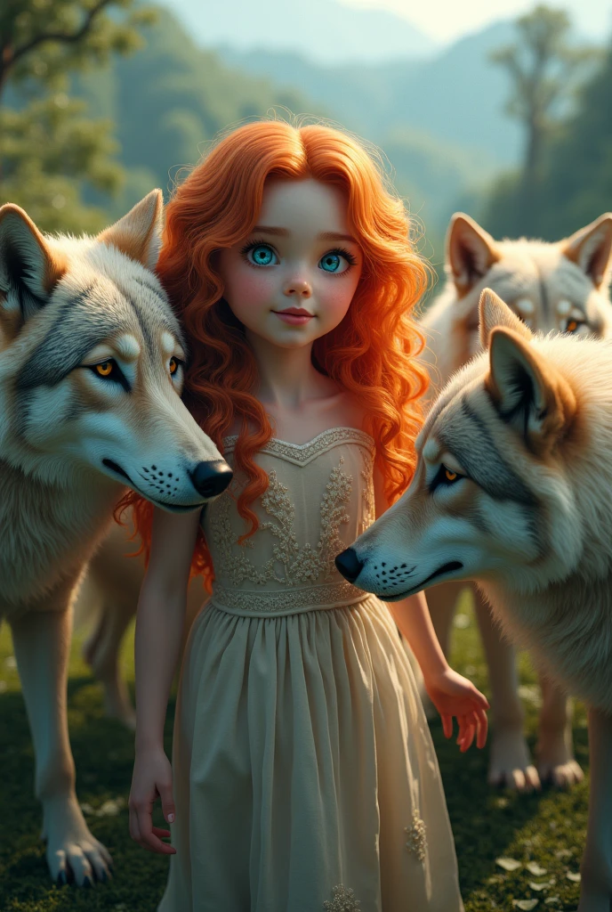 ,sweet, years, hair,red, eyes,blue, playing, surrounded by wolves , 4k