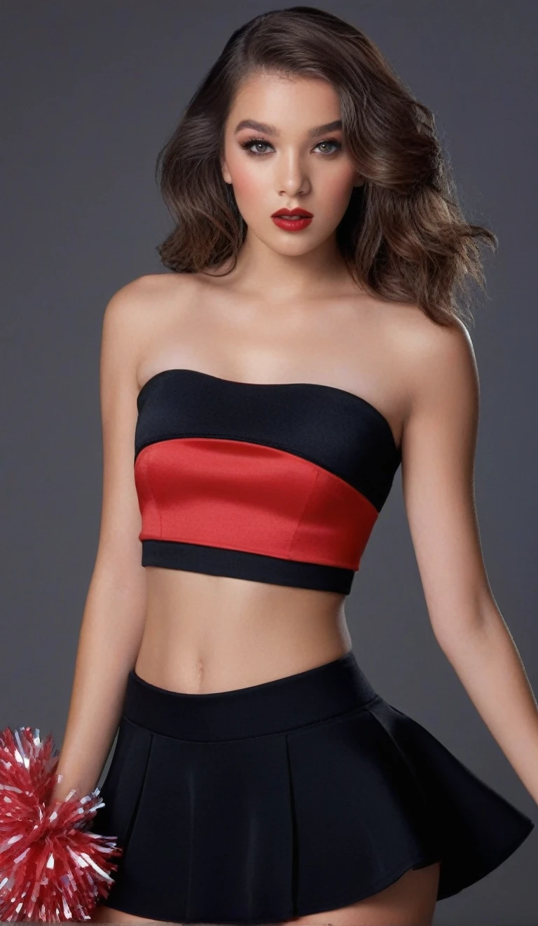 (best quality,4k,8k,highres,masterpiece:1.2),ultra-detailed,(realistic,photorealistic,photo-realistic:1.37),beautiful eyes,beautiful lips,detailed face,red lipstick,gorgeous woman, sexy black tight strapless cheerleader outfit, sexy elegant fashion model, sexy elegant look,long eyelashes,confident expression,flawless skin,posing gracefully sexy,head to stomach shot, sexy black tight strapless cheerleader outfit, bare stomach,sexy naked medium Breasts,flowing fabric,soft and silky material,graceful movement,vibrant colors,artistic lighting,studio photo shoot, dreamy atmosphere